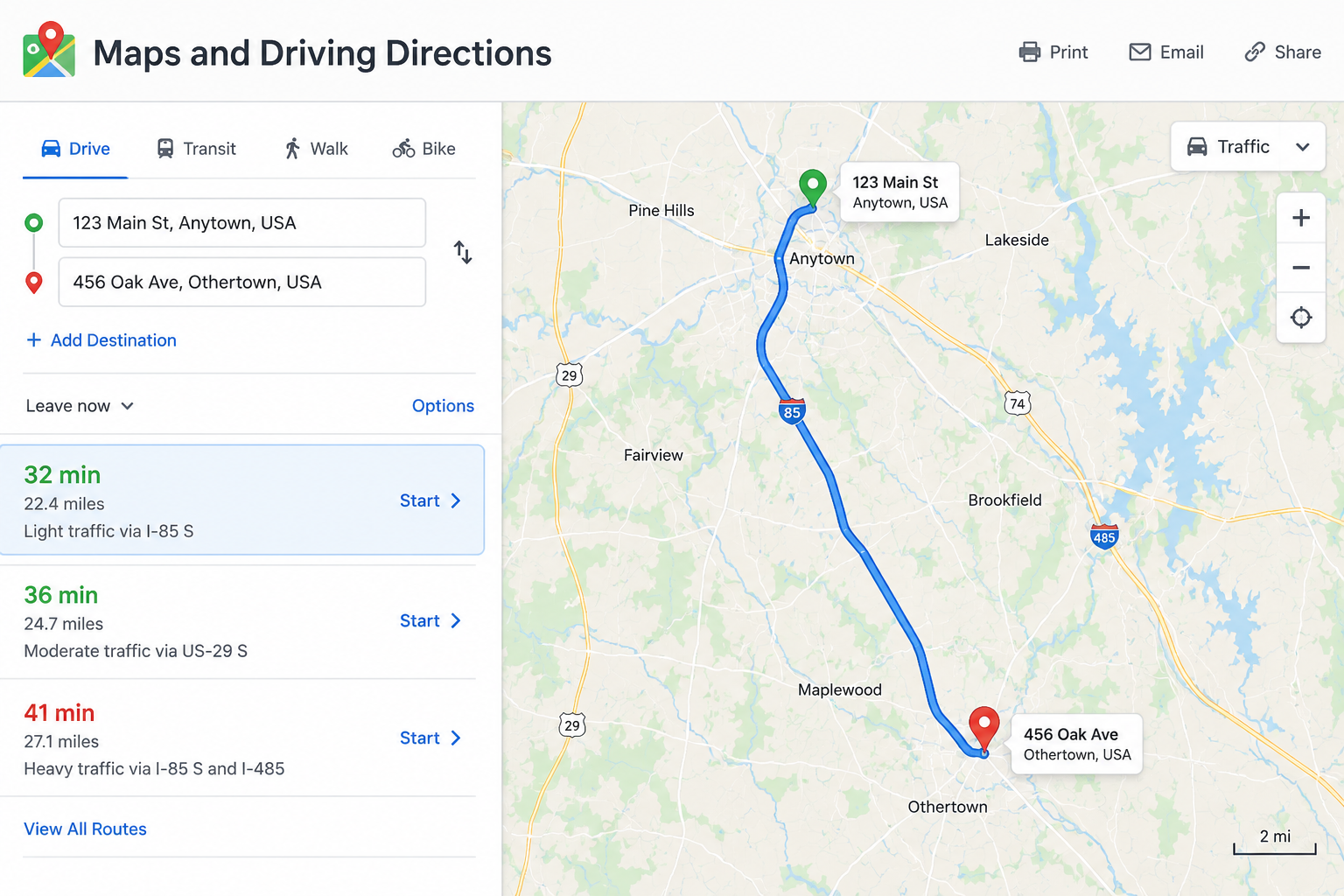 Maps and driving directions interface showing route options, traffic estimates and a blue route line between two addresses
