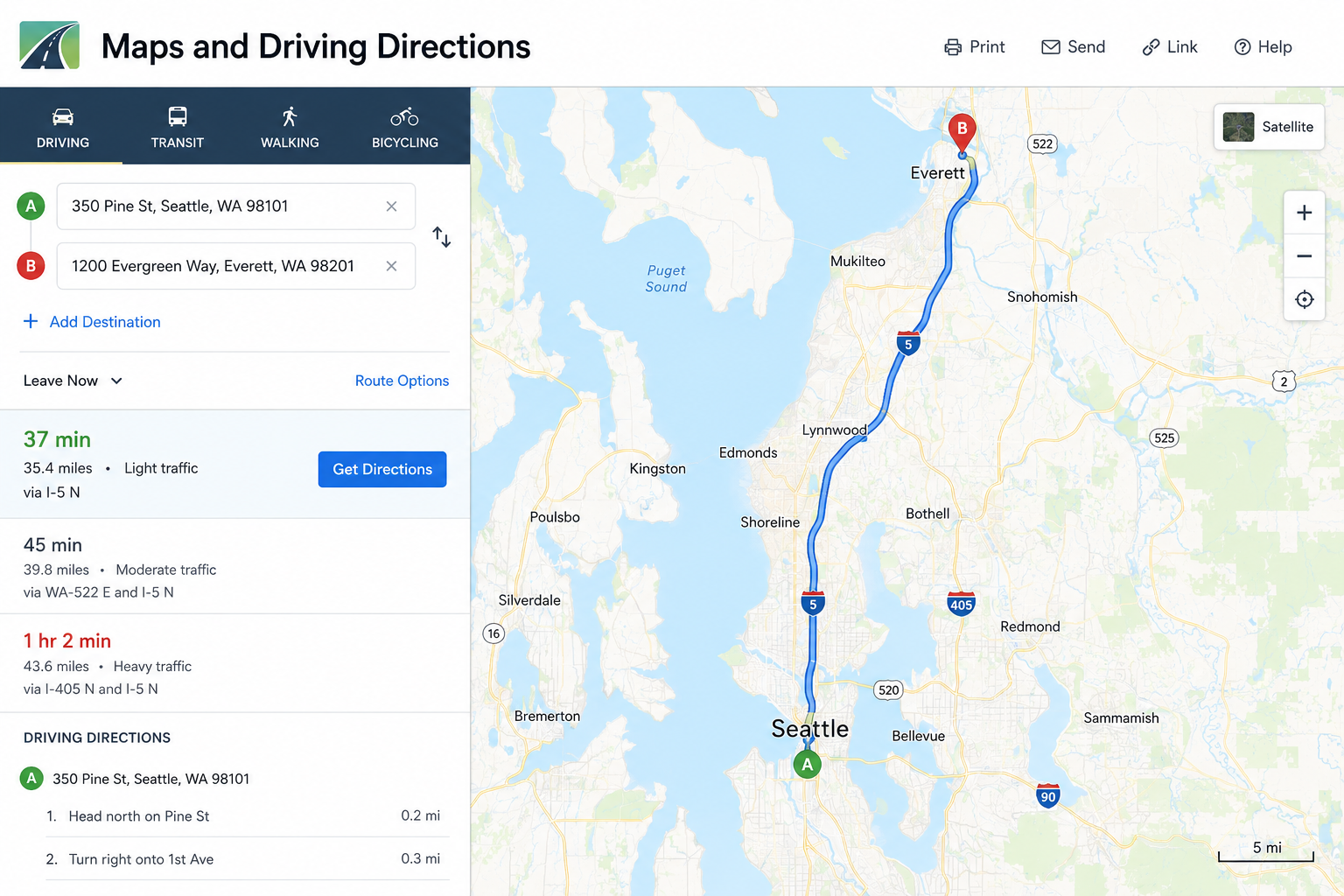 Maps directions screen showing a Seattle to Everett driving route with route options, traffic conditions and turn-by-turn directions