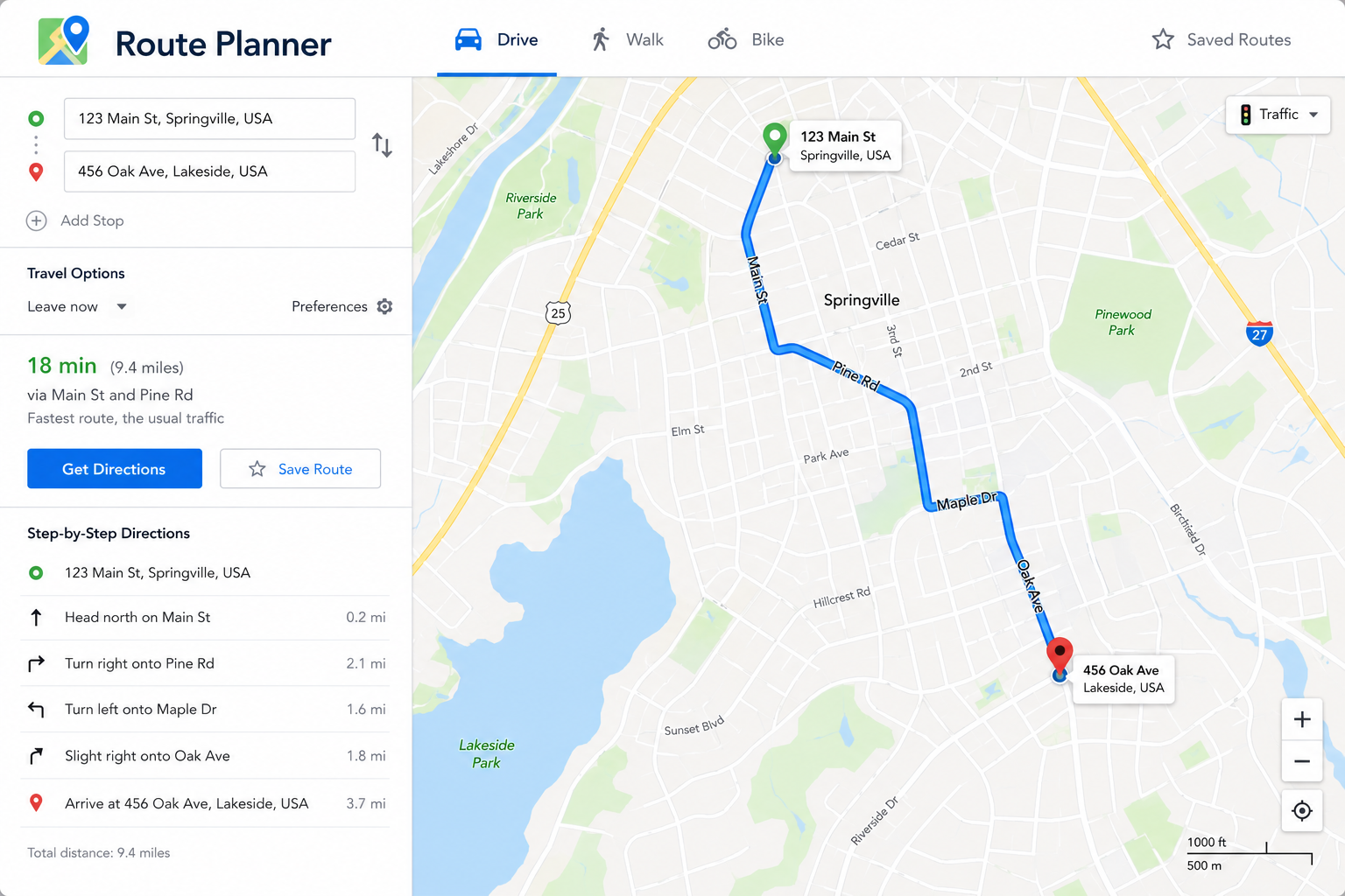 Route planner map showing multiple stops, travel paths and route planning controls